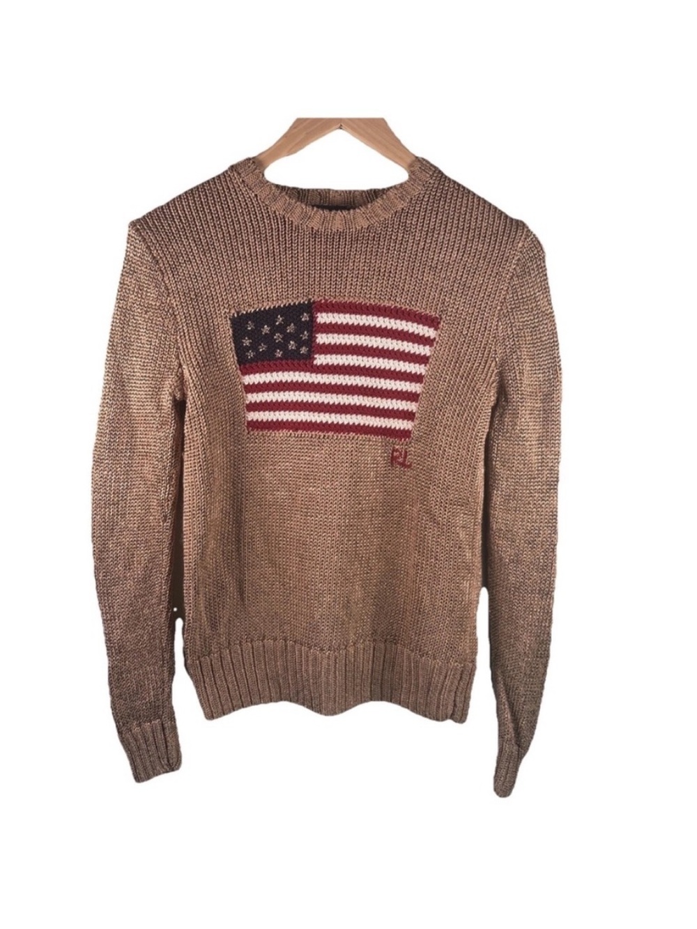 Gold/Tan Polo by Ralph Lauren Brown Crewneck Sweater with Flag Motif RARE